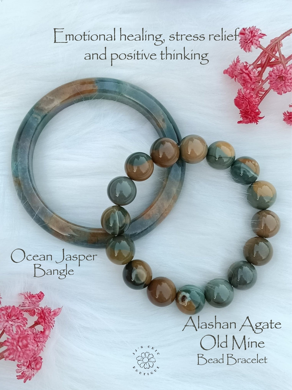 Ocean Jasper Bangle & Alashan Agate Bead Bracelet - Green and Brown Gemstone Set